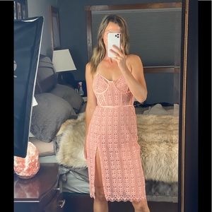 For Love & Lemons Dakota Lace Bustier Bodysuit Slit MIDI Dress in Peach,…